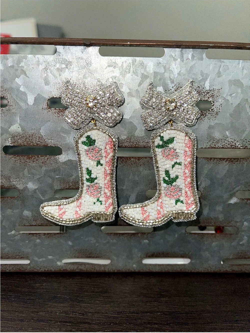 Embellished Pink Floral Cowboy Boot Earrings - Women Shoes Accessory